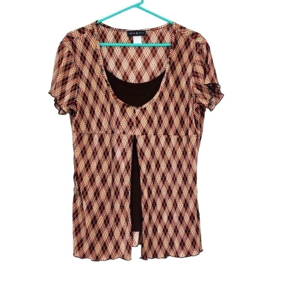 Jane & Eric Blouse Modest Layered Shirt Orange Brown Diagonal Plaid Size Medium - Picture 1 of 6